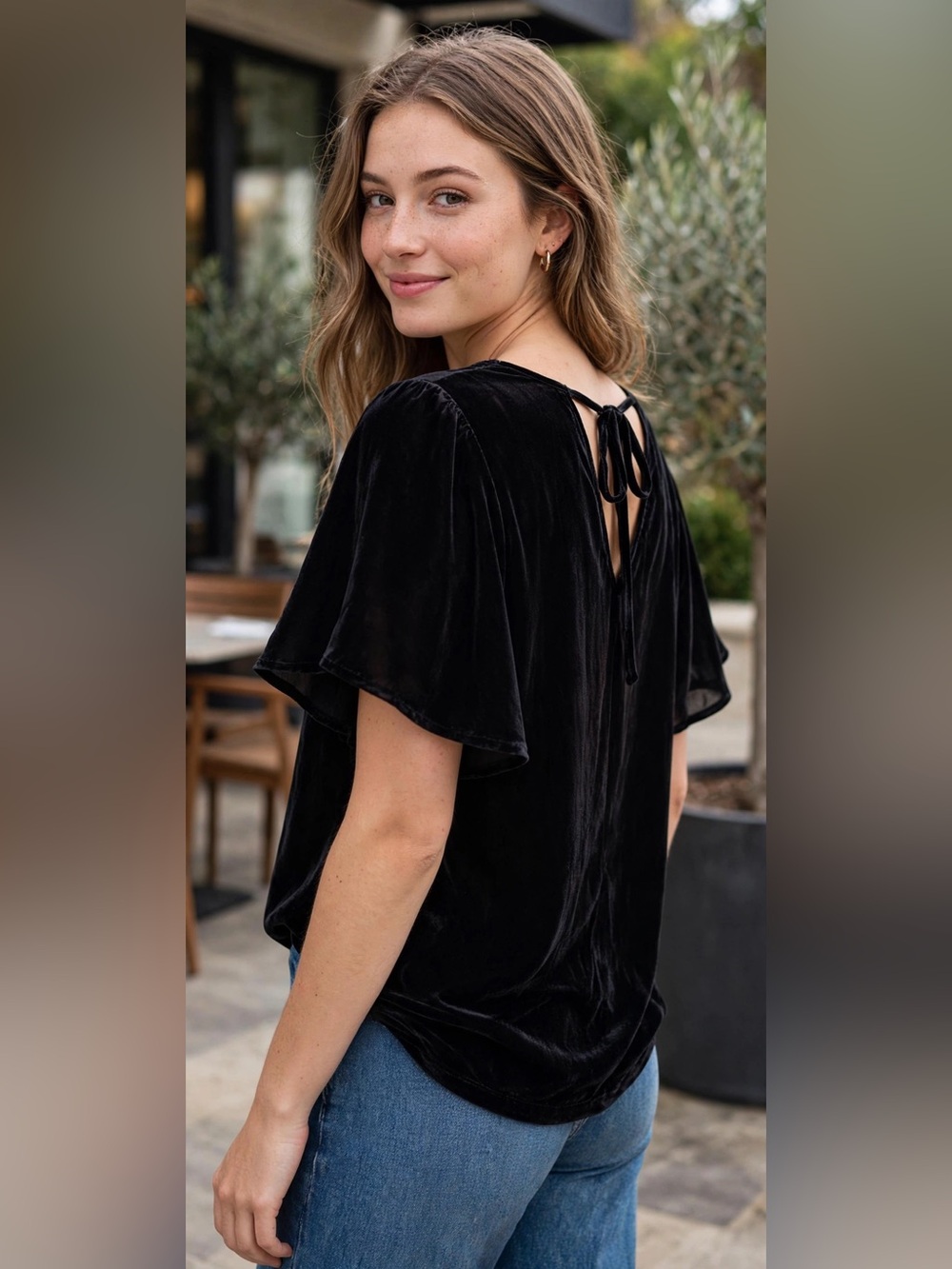 LOFT Black Flutter-Sleeve Tie-Back Top - Picture 1 of 11